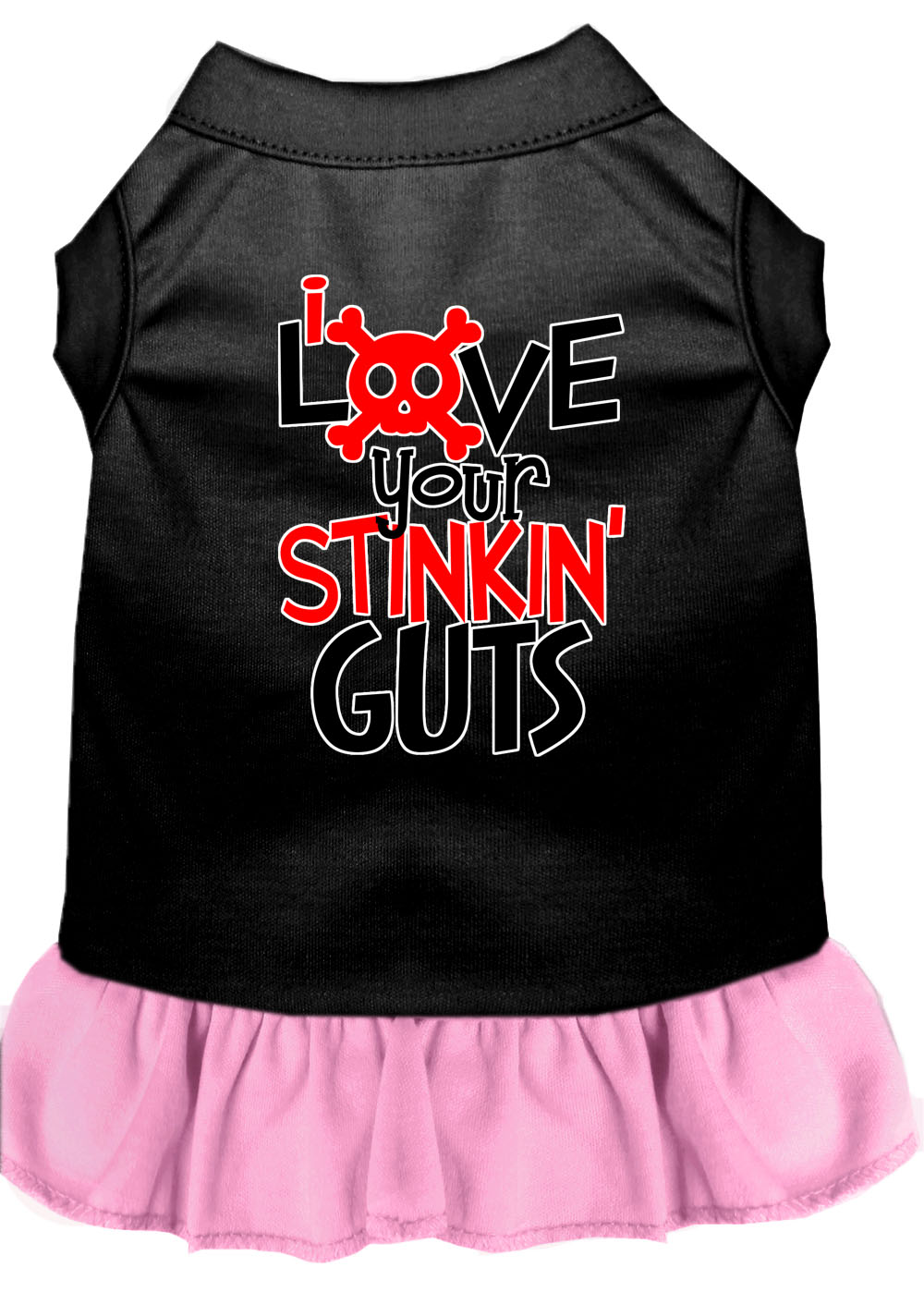 Love your Stinkin Guts Screen Print Dog Dress Black with Light Pink Lg